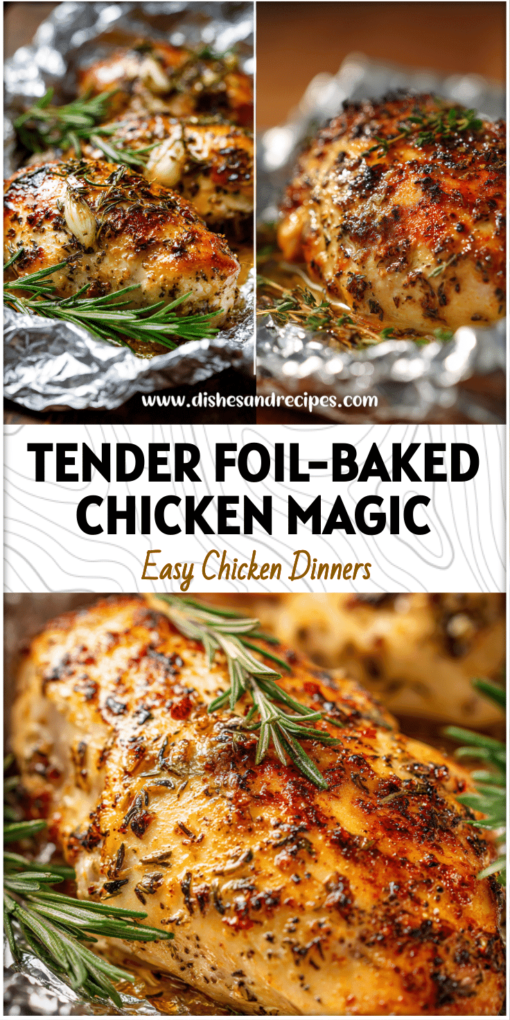 Close-up of seasoned baked chicken in foil fresh from the oven, ready to serve for dinner.